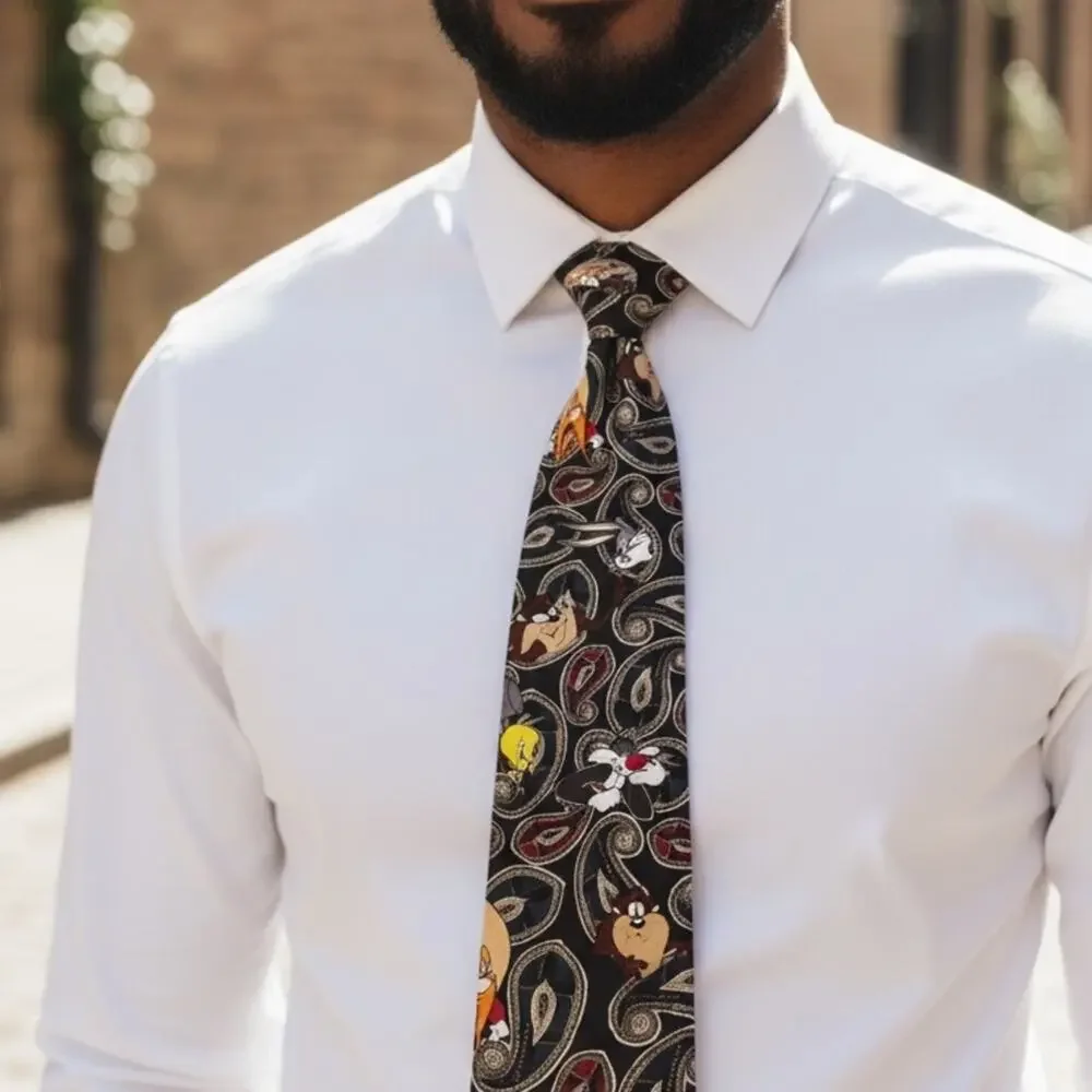 VINTAGE 90’s LOONEY TUNES Tie Black Paisley Bugs Tweety Taz Sylvester Sam1899-13